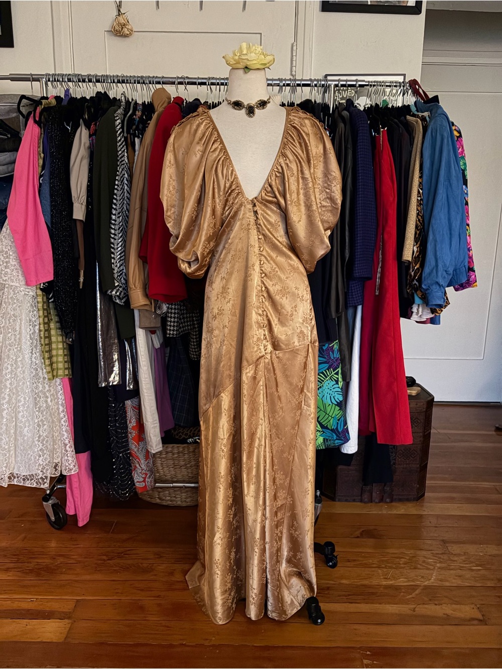 Tularosa Revolve Austin Gown Satin Floral Jacquard Maxi Dress Brown Gold